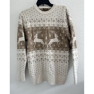 Colorbar Triko Nordic Reindeer Sweater Fair Isle Knit Mens L Wool Blend‎ Neutral